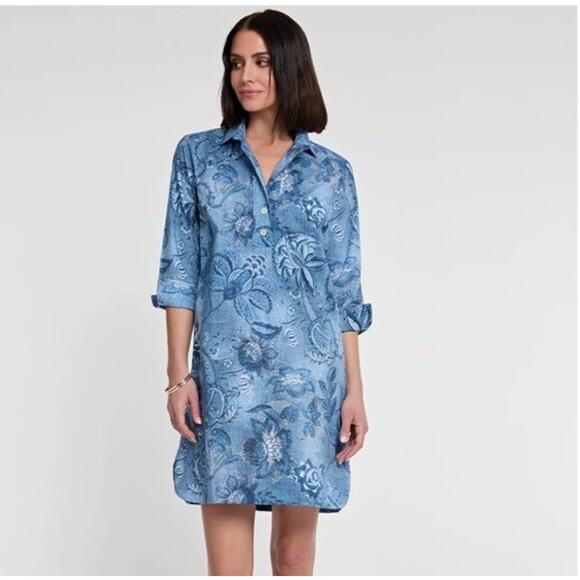 Hinson Wu Charlotte Passionflower Blue Button 3/4 Sleeve Print Dress Womens - Picture 12 of 12